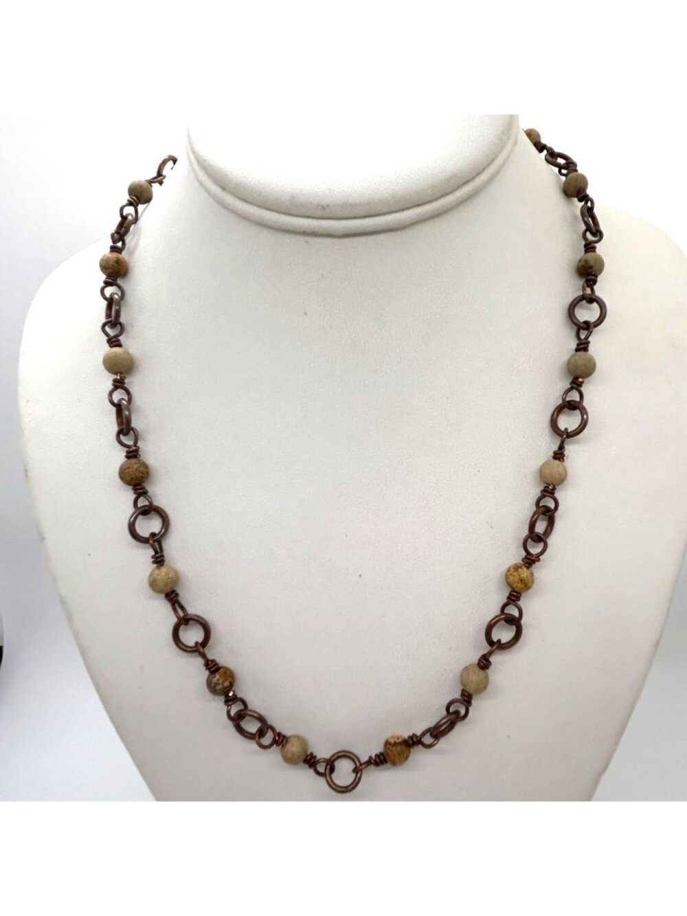 Vintage Bohemian Necklace Earth Tone Jasper Stone Bead Copper Color Hook Closure